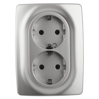 Розетка 2X2P+E Schuko, 16A-250В, IP20, Эра12, алюминий, 12-2106-03, ЭРА 